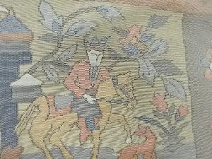 アンティーク　騎馬戦人物に花模様織出し名古屋帯